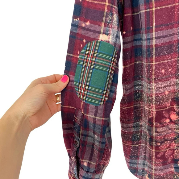Handmade Boho Flannel Shirt Floral Stencil Bleached Plaid Womens Large XL Red - Picture 7 of 14